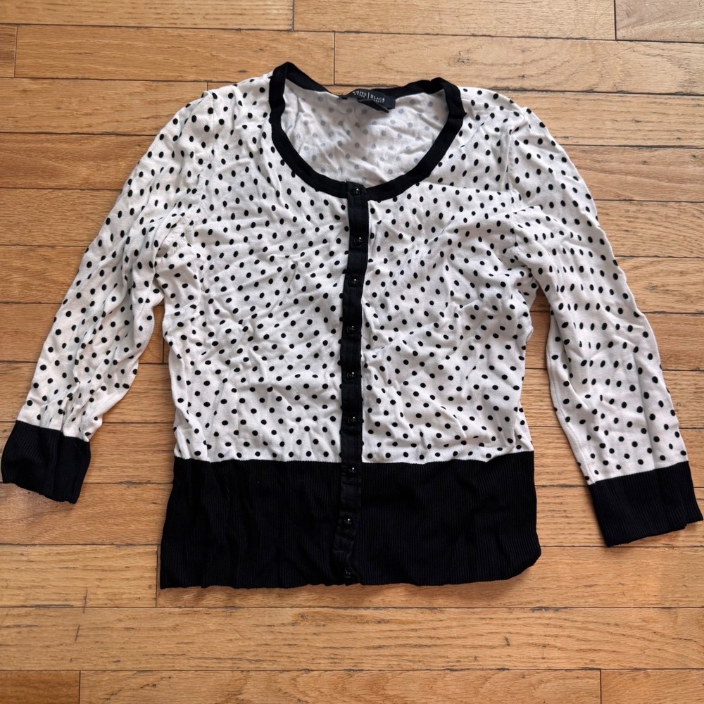 White House Black Market Polka Dot‎ Cardigan Sweater Small  3/4 Sleeve Career